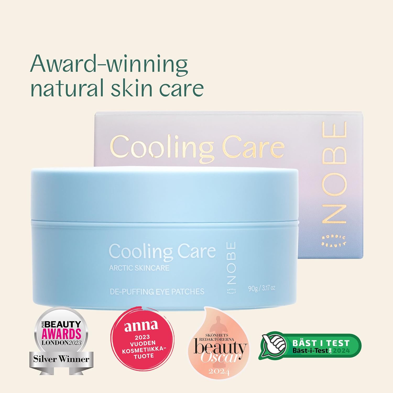 NOBE Arctic Skincare Cooling Care De-Puffing Eye Patches packaging with award badges, showcasing natural skincare benefits.