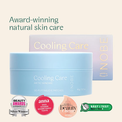 NOBE Arctic Skincare Cooling Care De-Puffing Eye Patches packaging with award badges, showcasing natural skincare benefits.