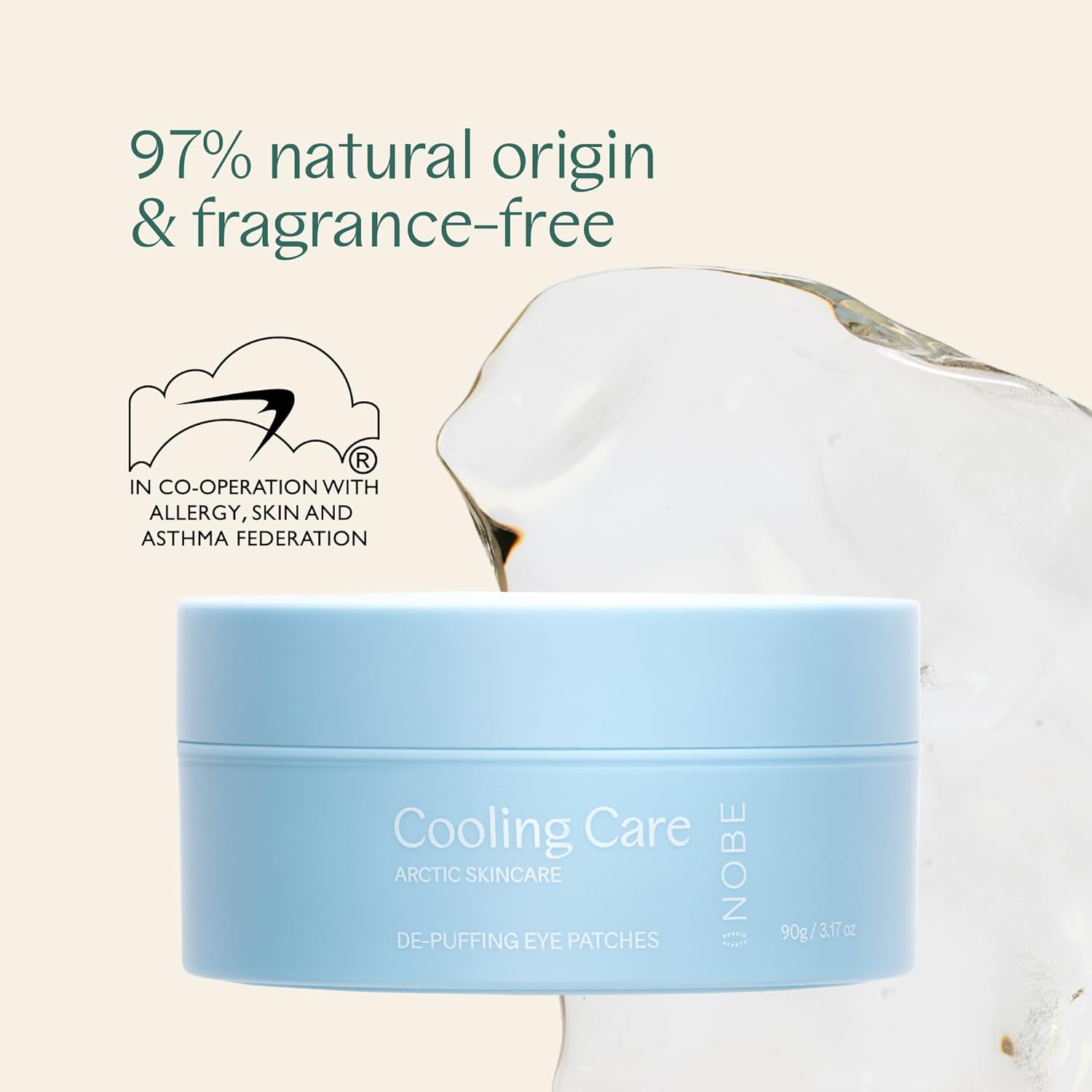 NOBE Arctic Skincare Cooling Care De-Puffing Eye Patches, 97% natural origin and fragrance-free, 90g packaging.