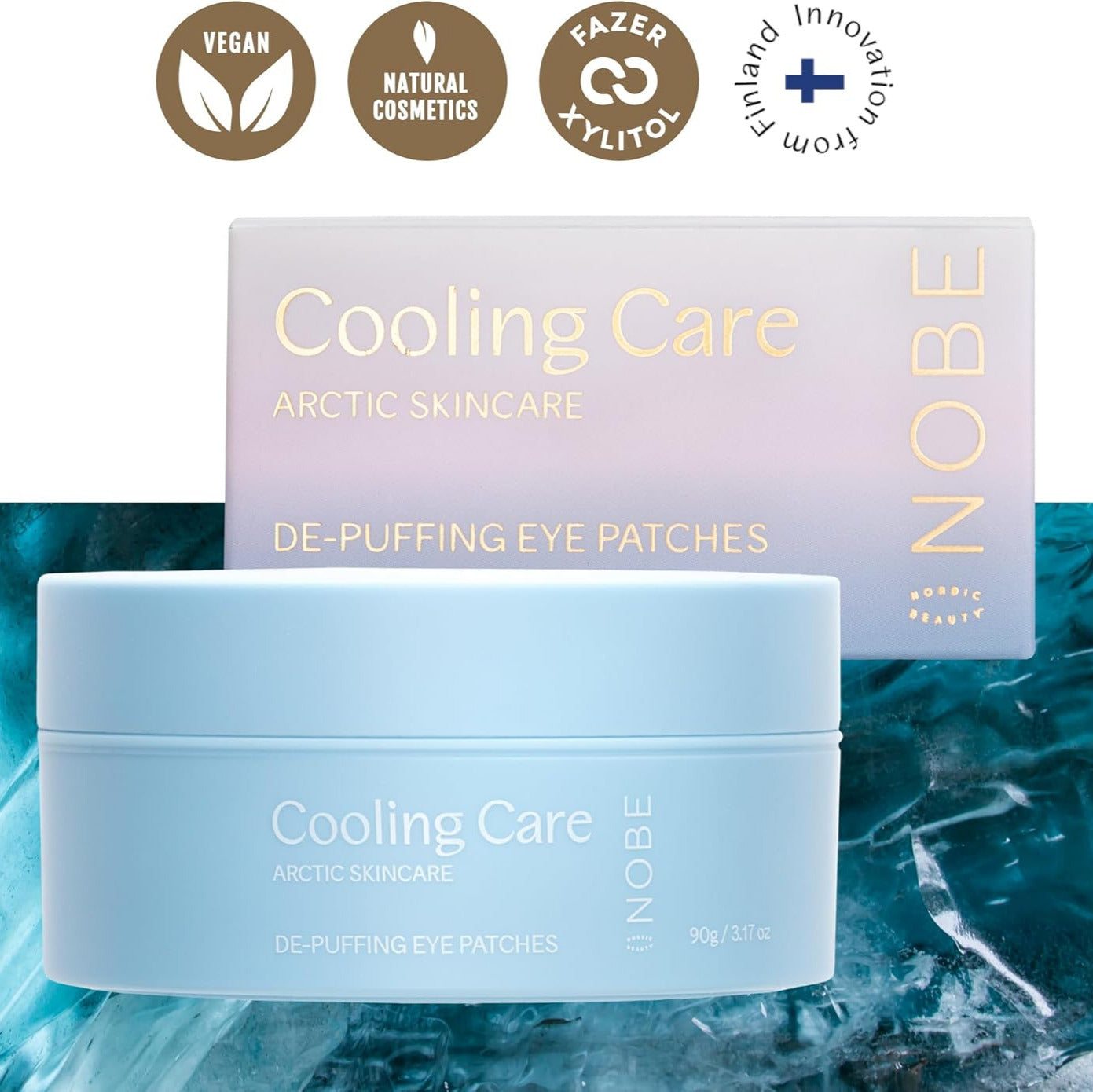NOBE Arctic Skincare Cooling Care De-Puffing Eye Patches 90g packaging with vegan and natural cosmetics icons.