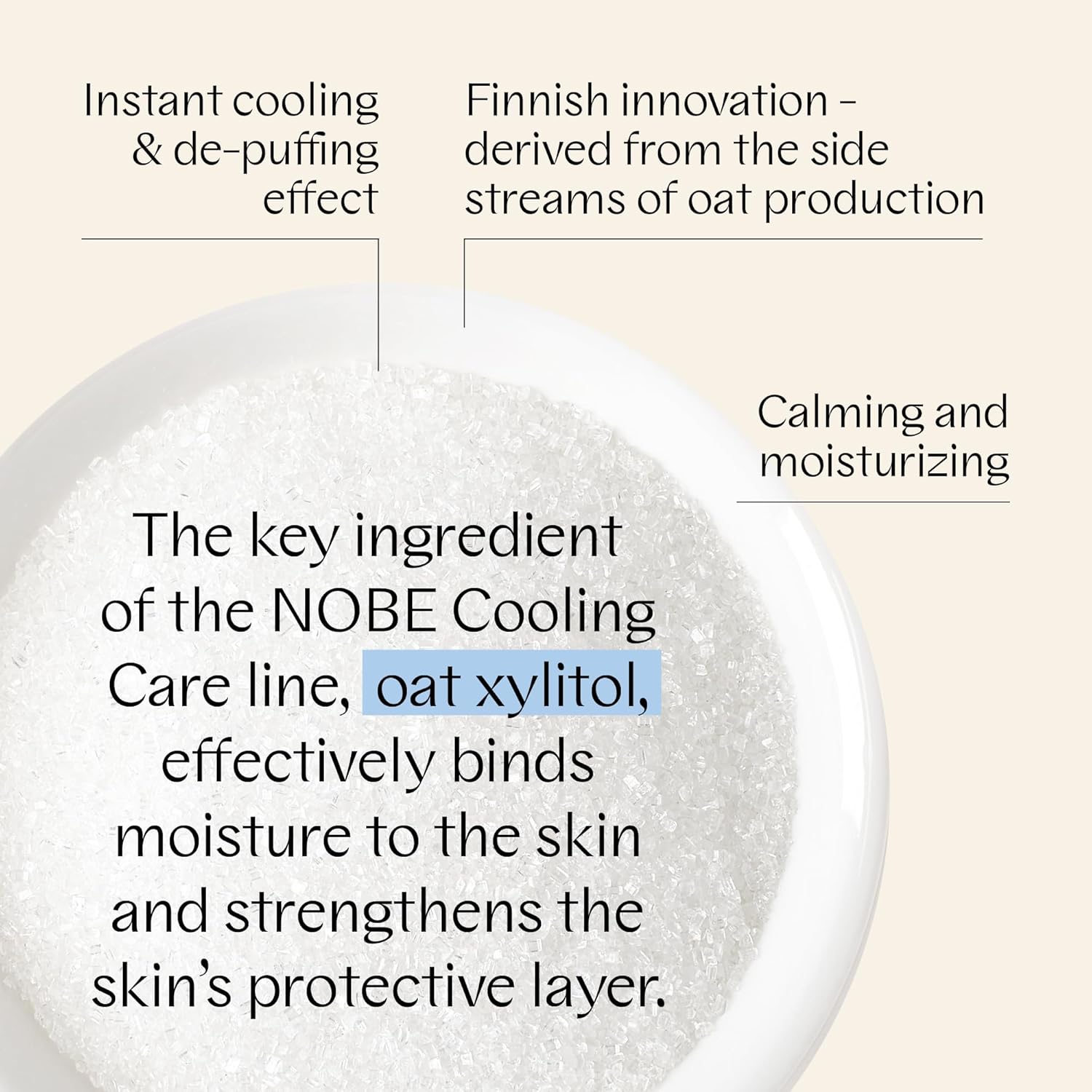NOBE Cooling Care eye patches highlighting oat xylitol's instant cooling, hydrating, and skin-strengthening benefits.