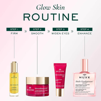 Nuxe skincare products with labeled steps for a glow skin routine on a light pink background.