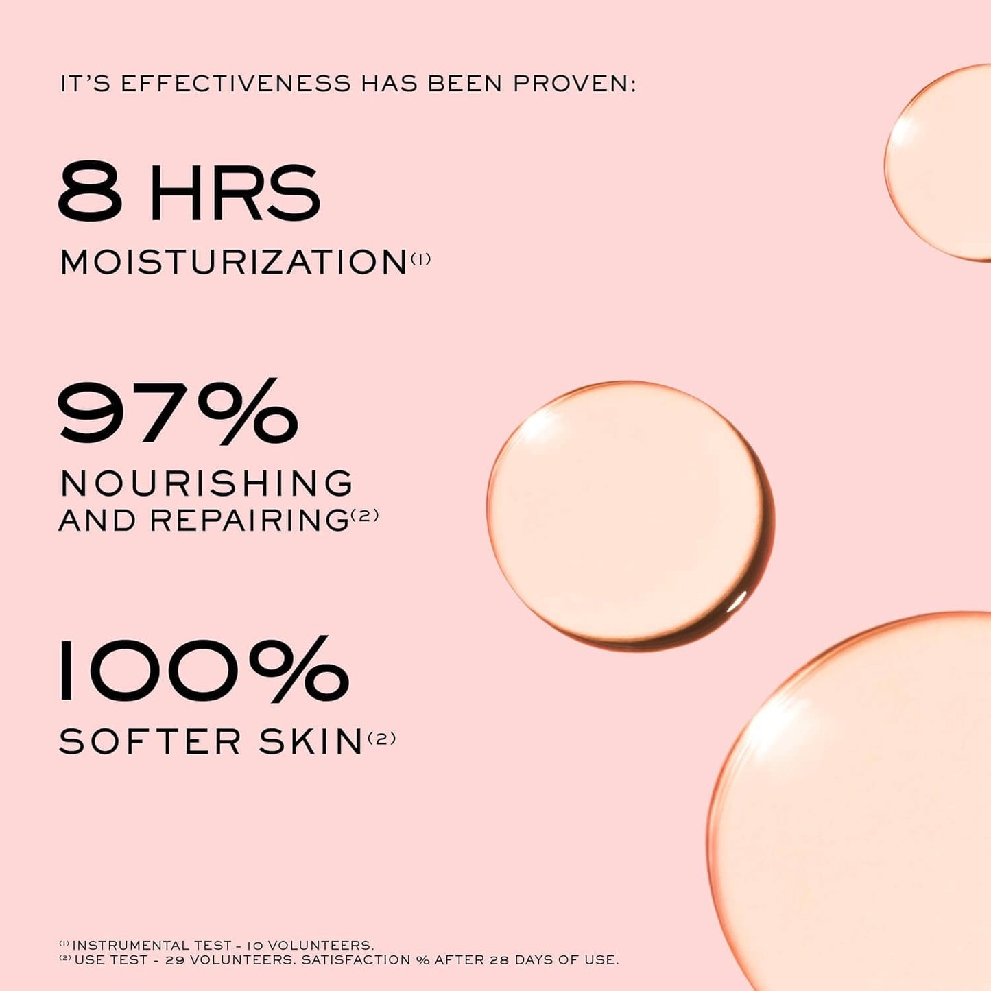 NUXE product with text highlighting moisturization, nourishing, repairing, and skin softening benefits on a pink background.