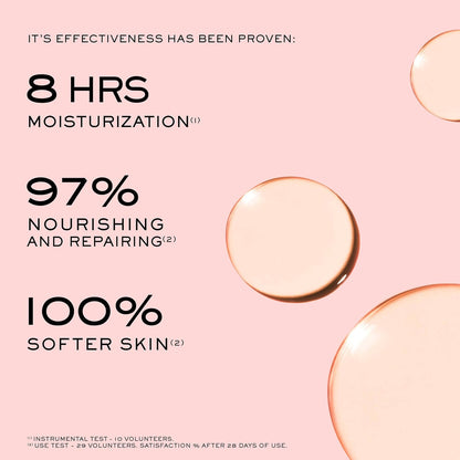 NUXE product with text highlighting moisturization, nourishing, repairing, and skin softening benefits on a pink background.