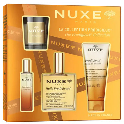Nuxe The Prodigieux Collection Gift Set including oil, shower gel, and candle in elegant packaging.