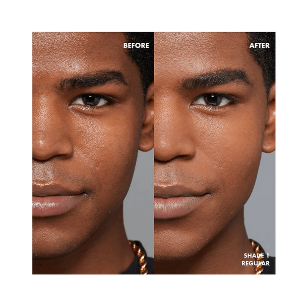 Before and after comparison showing effects of NYX Blurring Primer on skin texture in Shade 1 Regular.