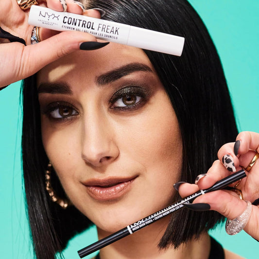 Woman applying makeup with NYX Control Freak product on a teal background