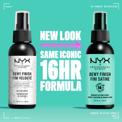 Two NYX makeup setting sprays on a teal background with promotional text.