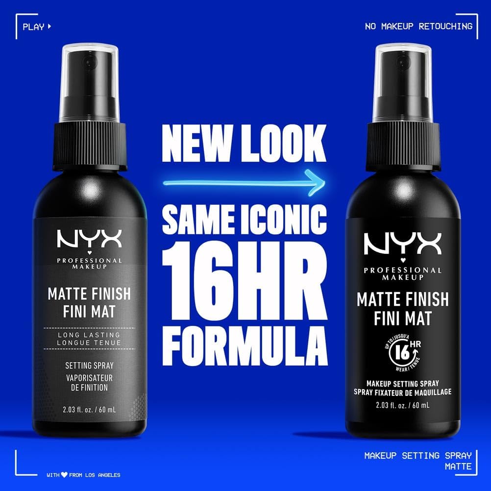 Two NYX Professional Makeup matte finish setting sprays on a blue background with text about the new look.