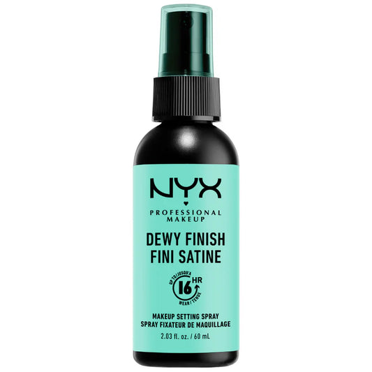 NYX Dewy Finish makeup setting spray bottle on a white background