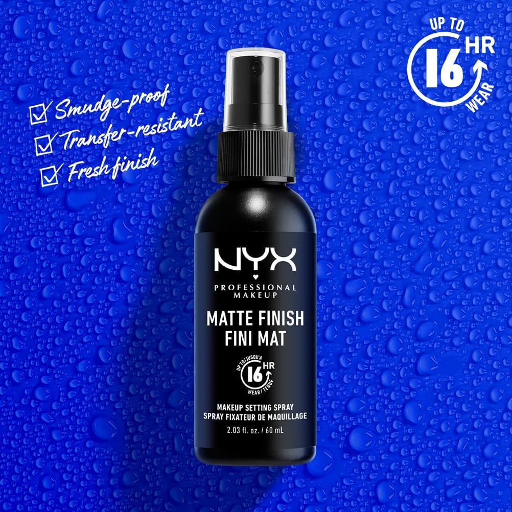 NYX Professional Makeup matte finish setting spray bottle on a blue background with product features listed.