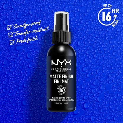NYX Professional Makeup matte finish setting spray bottle on a blue background with product features listed.