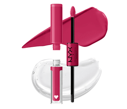 NYX Professional Makeup Shine Loud High Shine Lip Colour with vibrant pink gloss and clear topcoat on a white background.