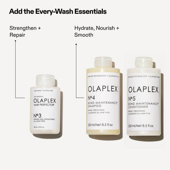 Olaplex hair care product lineup with labels on a white background