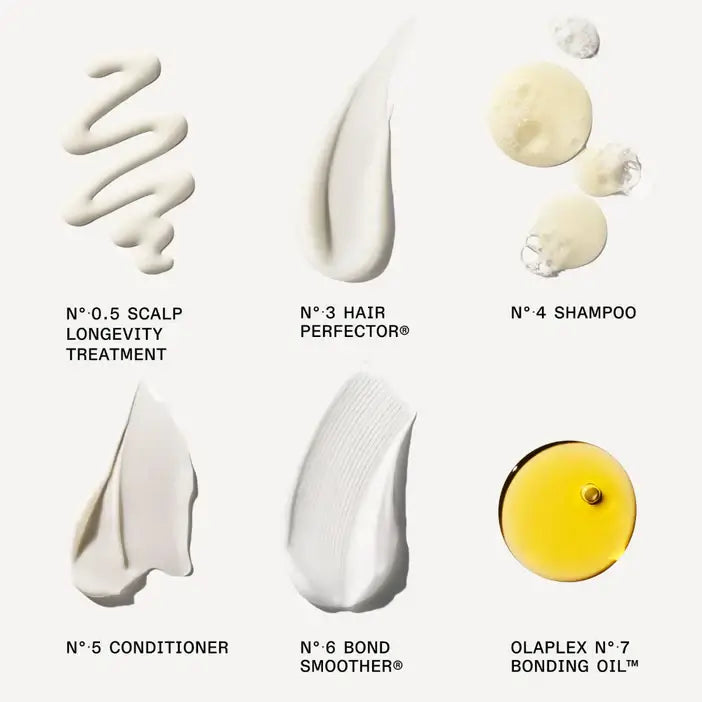 Olaplex The Full-On Shine Set featuring Scalp Treatment, Hair Perfector, Shampoo, Conditioner, Bond Smoother, and Bonding Oil.