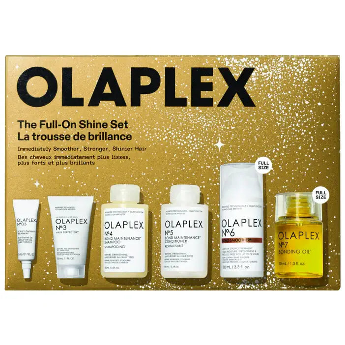 Olaplex The Full-On Shine Set including various hair treatments on a sparkling gold background.