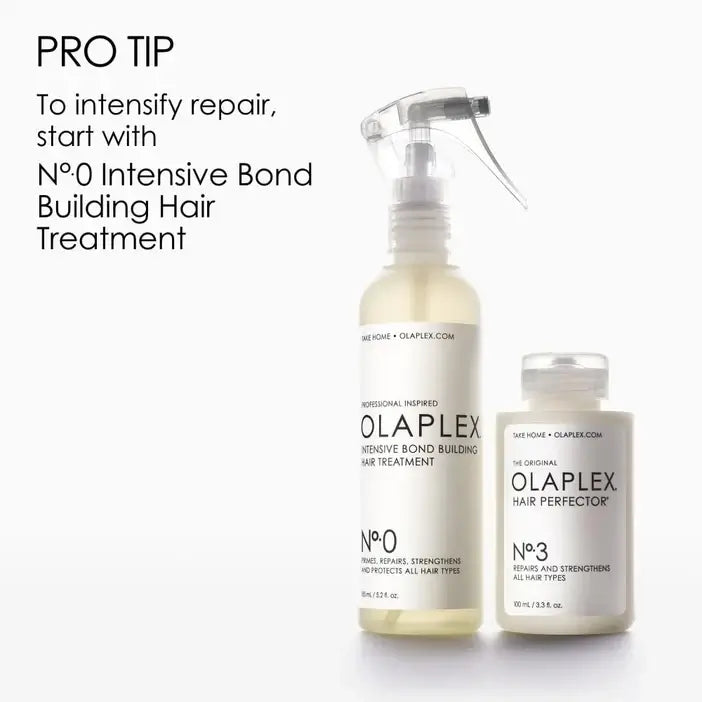 Olaplex hair care products on a white background with text on repair tips.
