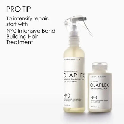 Olaplex hair care products on a white background with text on repair tips.