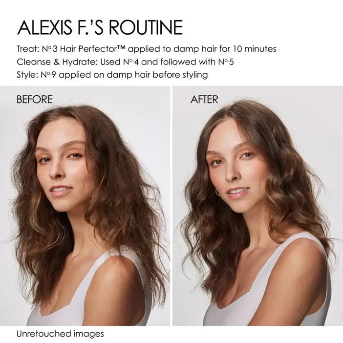 Before and after comparison of a woman's hair with Olaplex product application, labeled 'ALEXIS F.'S ROUTINE'.