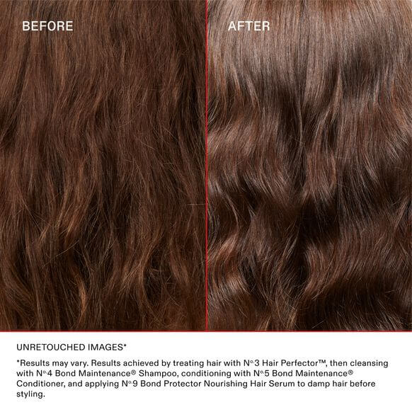 Before and after comparison of Olaplex hair treatment with a red line dividing the two images.