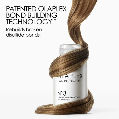 Olaplex Hair Perfector No.3 with brown hair strands on a white background