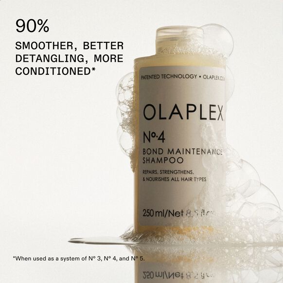 Olaplex No.4 Bond Maintenance Shampoo bottle with text on a white background