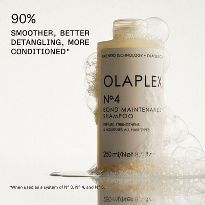 Olaplex No.4 Bond Maintenance Shampoo bottle with text on a white background