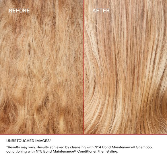 Before and after comparison of hair strands with text indicating Olaplex product use.