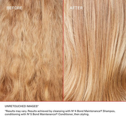 Before and after comparison of hair strands with text indicating Olaplex product use.