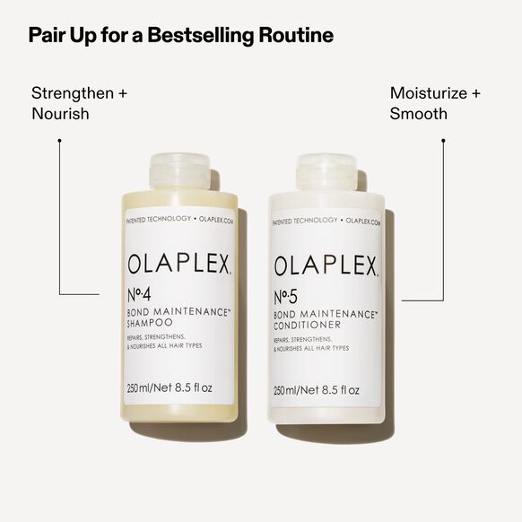 Olaplex Shampoo and Conditioner bottles with text on a white background