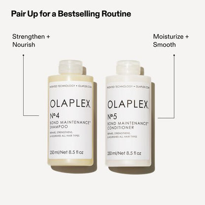 Olaplex Shampoo and Conditioner bottles with text on a white background