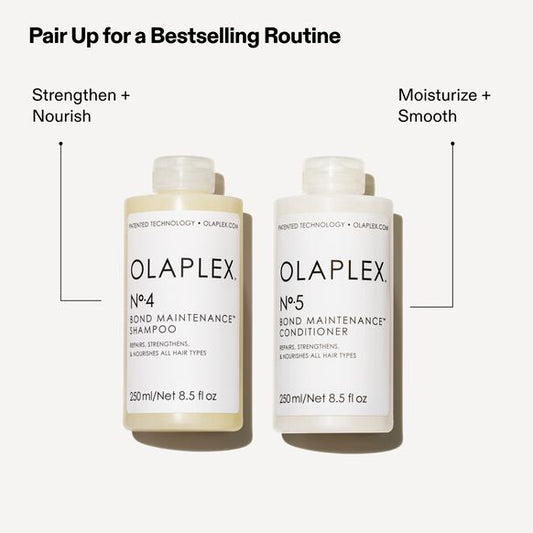 Olaplex Shampoo and Conditioner bottles with text on a white background