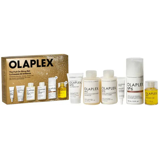 Olaplex The Full-On Shine Set displayed with products for achieving radiant, salon-quality hair at home.