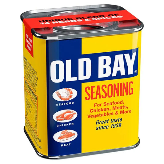 Old Bay Seasoning can featuring vibrant packaging and information on its unique blend of 14 herbs and spices.