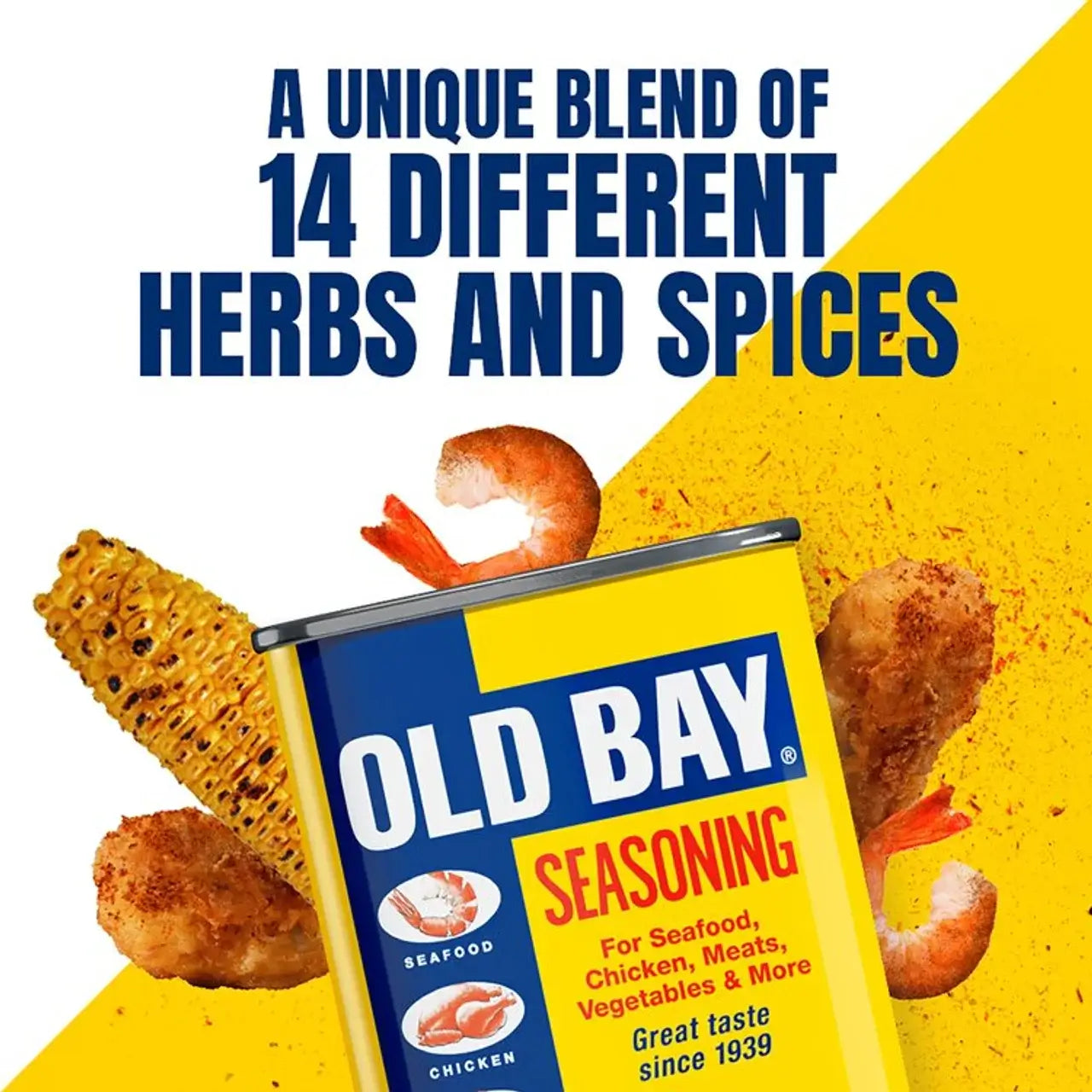 Old Bay Seasoning can with shrimp, corn, and spices highlighting its unique blend for seafood and more.
