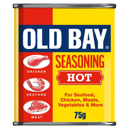 Old Bay Seasoning can featuring hot seasoning for chicken, seafood, meats, and vegetables, 75g.