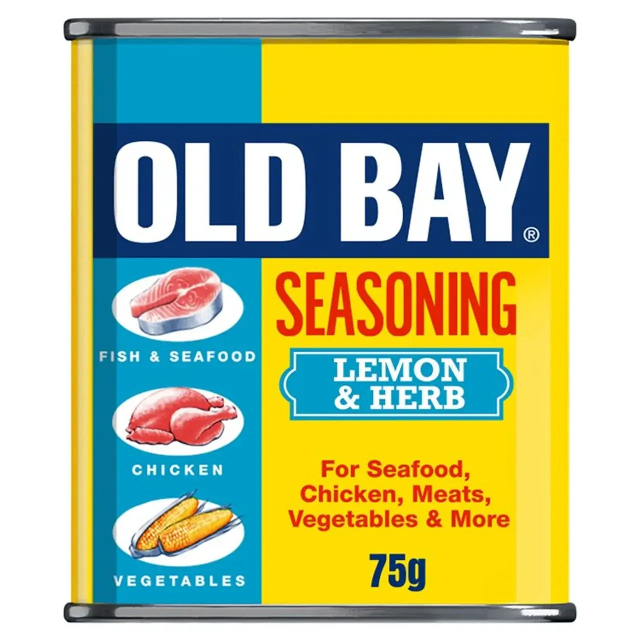 Old Bay Seasoning can featuring lemon and herb blend, ideal for fish, chicken, and vegetables.