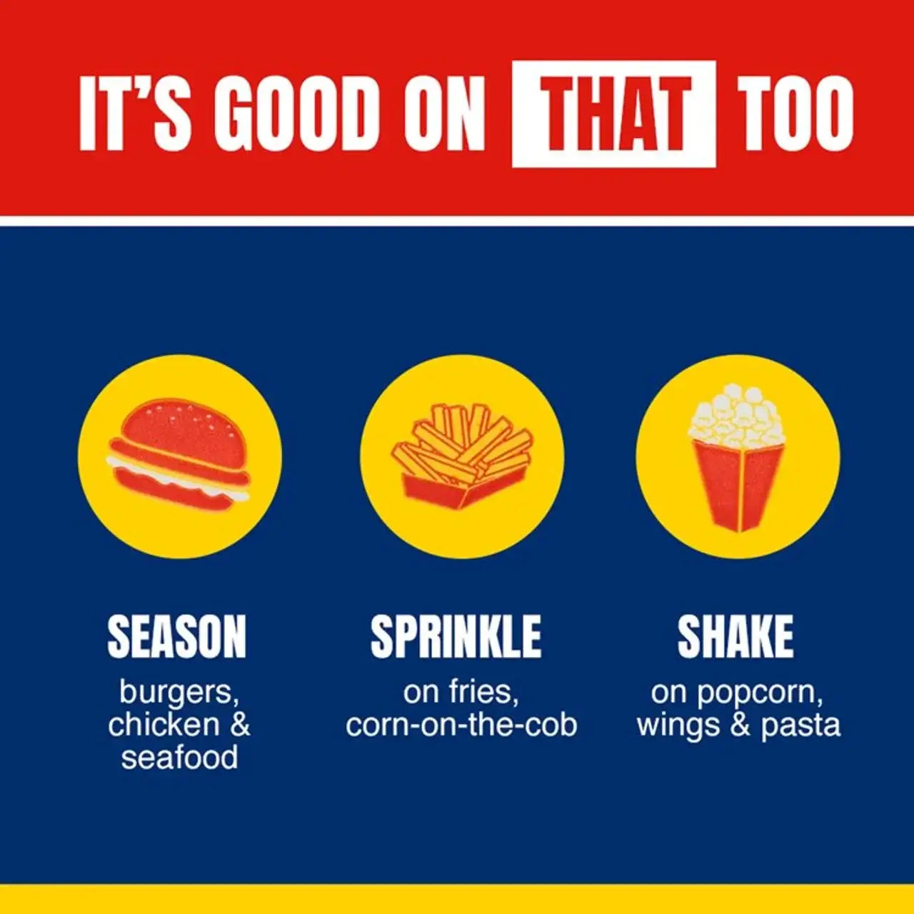 Infographic showcasing uses of Old Bay Seasoning: seasoning burgers, sprinkling on fries, and shaking on popcorn.