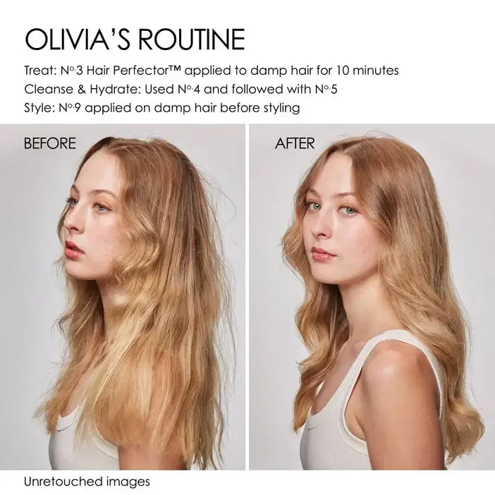 Before and after comparison of a woman's hair Olaplex treatment with 'Olivia's Routine' products.