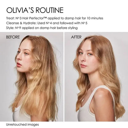 Before and after comparison of a woman's hair Olaplex treatment with 'Olivia's Routine' products.