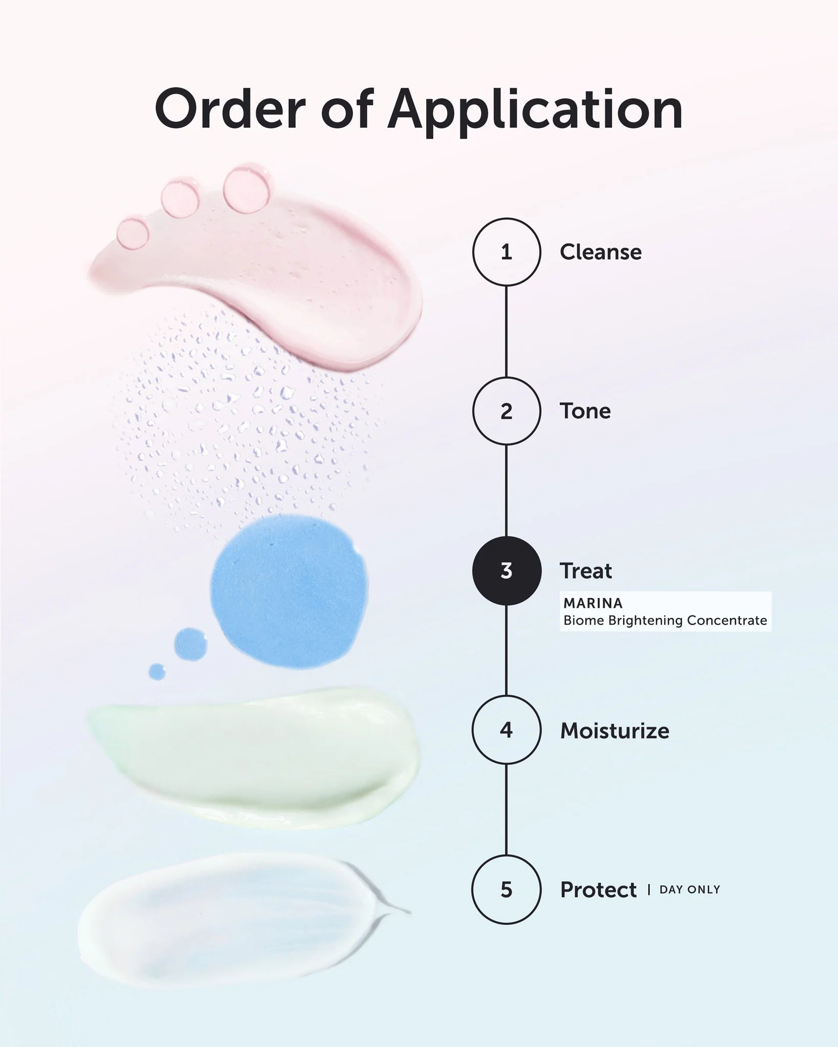 Step-by-step Earth Harbor skincare application diagram with product application areas and text on a light background
