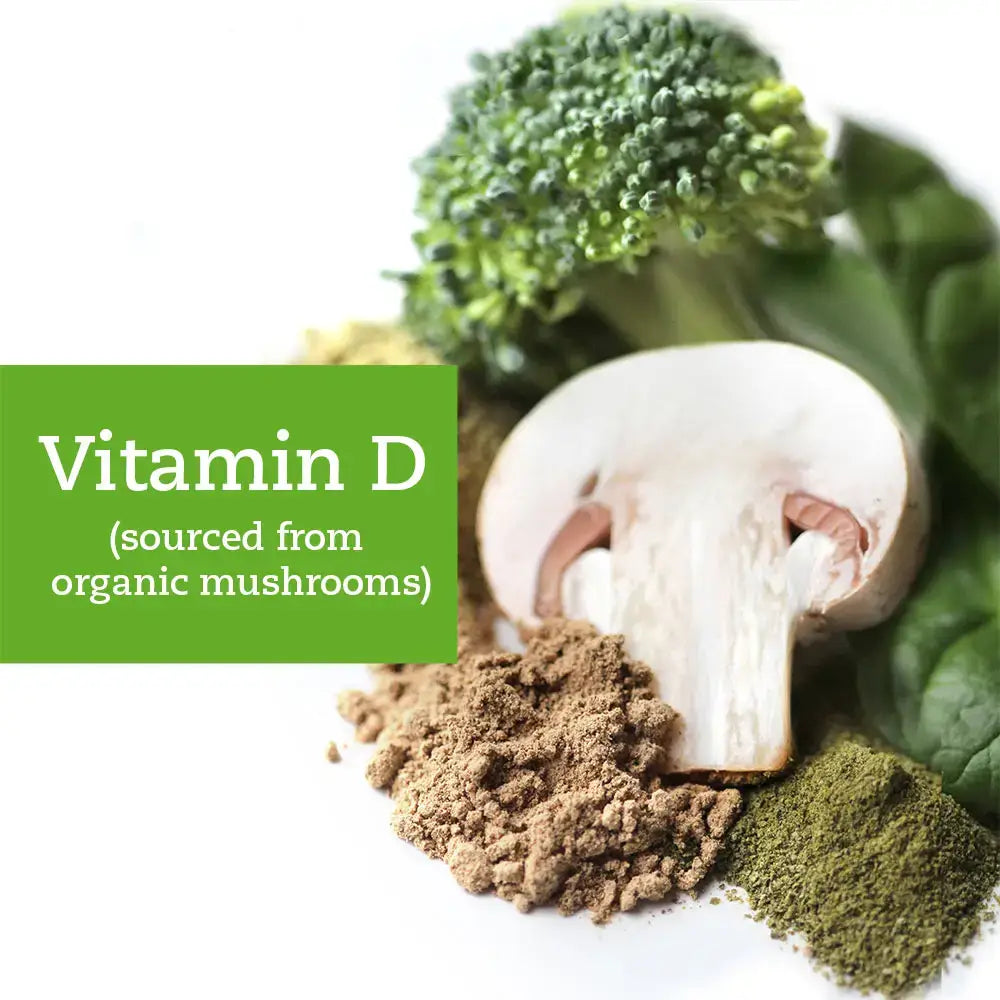 Fresh organic mushrooms, broccoli, and green powders promoting Vitamin D sourced from plants for Touchstone Essentials.