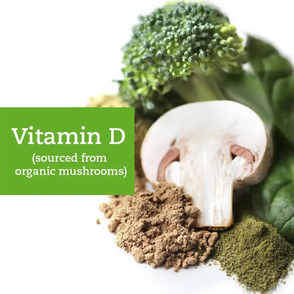Fresh organic mushrooms, broccoli, and green powders promoting Vitamin D sourced from plants for Touchstone Essentials.
