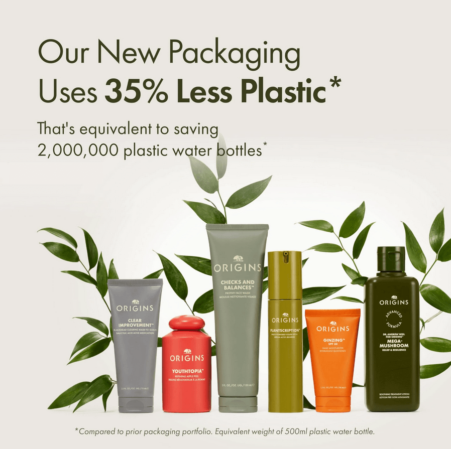 Origins skincare products with greenery and text about new packaging reducing plastic use.