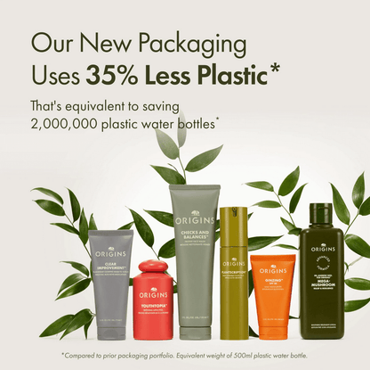Origins skincare products with greenery and text about new packaging reducing plastic use.
