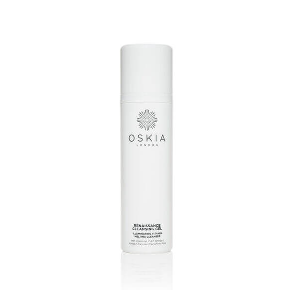 Oskia cleansing gel bottle on a white background