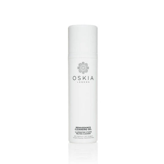 Oskia cleansing gel bottle on a white background