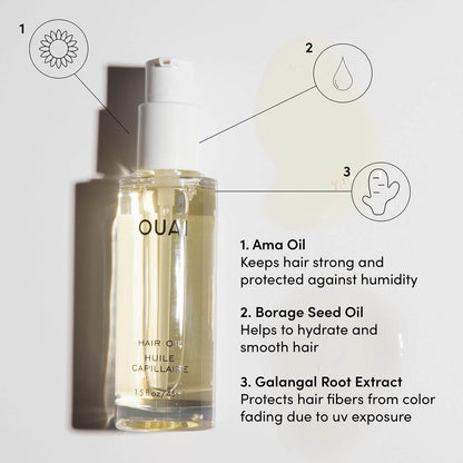 OUAI hair oil bottle with features labeled on a light gray background