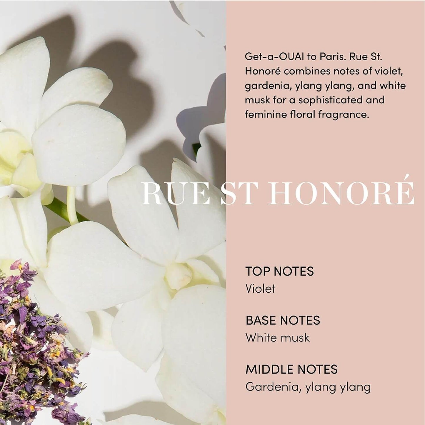 OUAI Floral arrangement with text about 'Rue St Honoré' fragrance