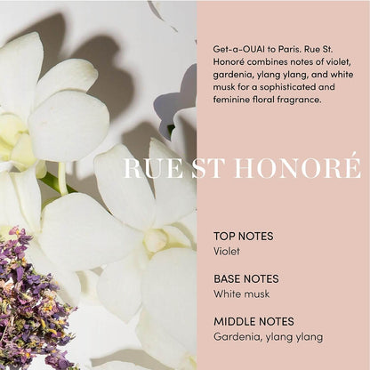 OUAI Floral arrangement with text about 'Rue St Honoré' fragrance